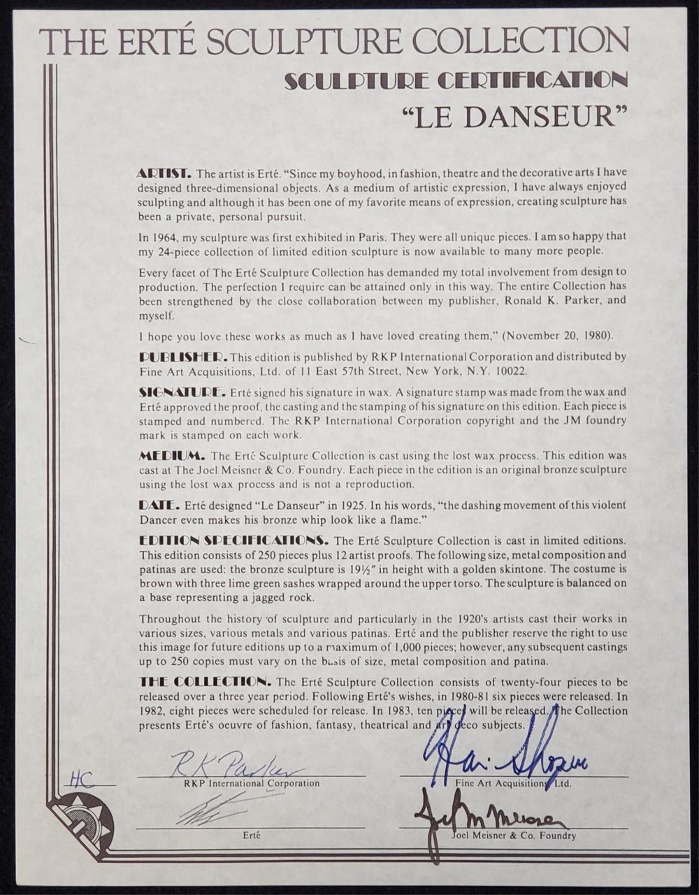 Erte 'Le Danseur' Bronze Art Deco Sculpture H.C. w/ COA signed by Artist - Image 8